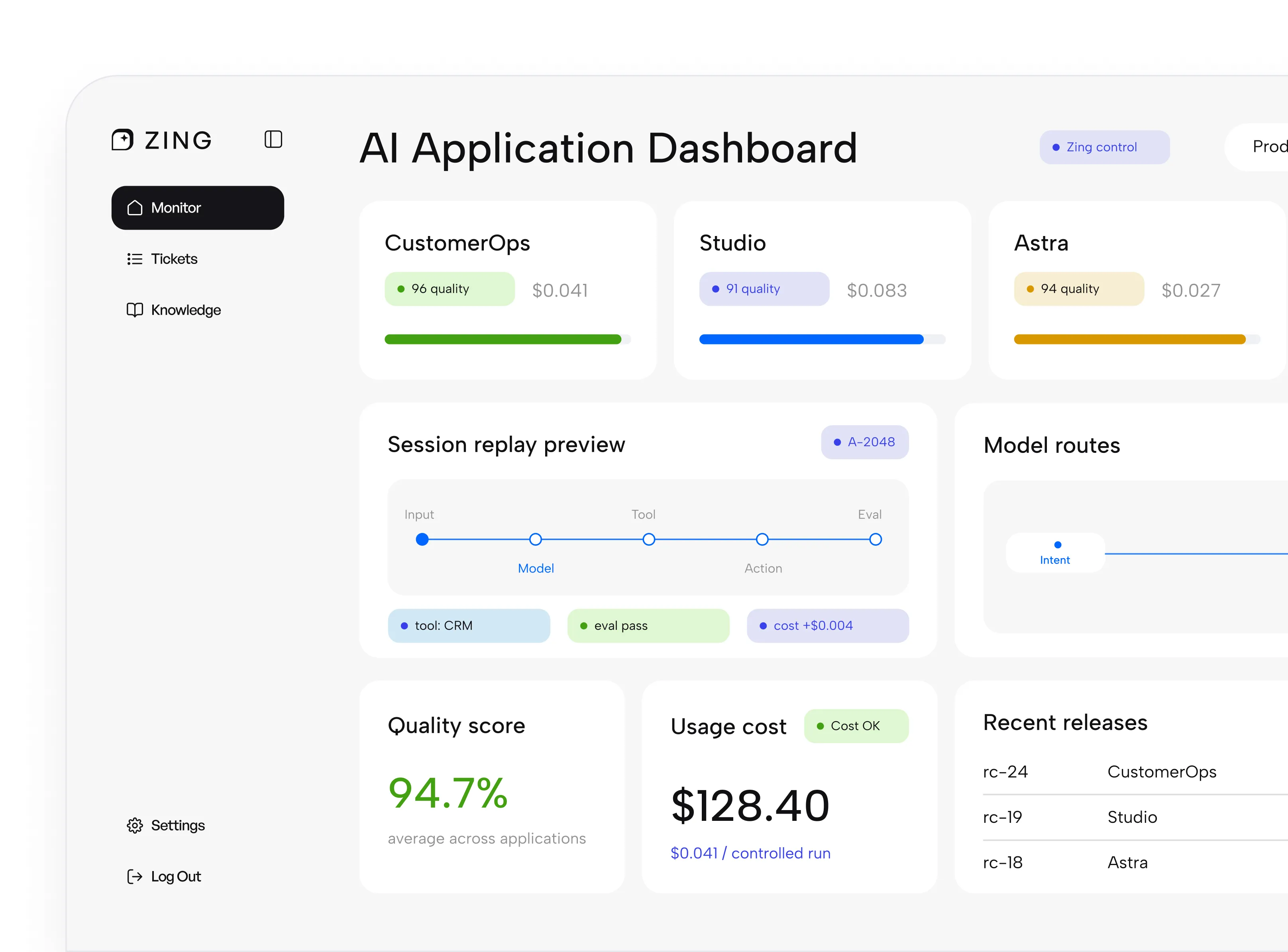 Zing AI Application Dashboard