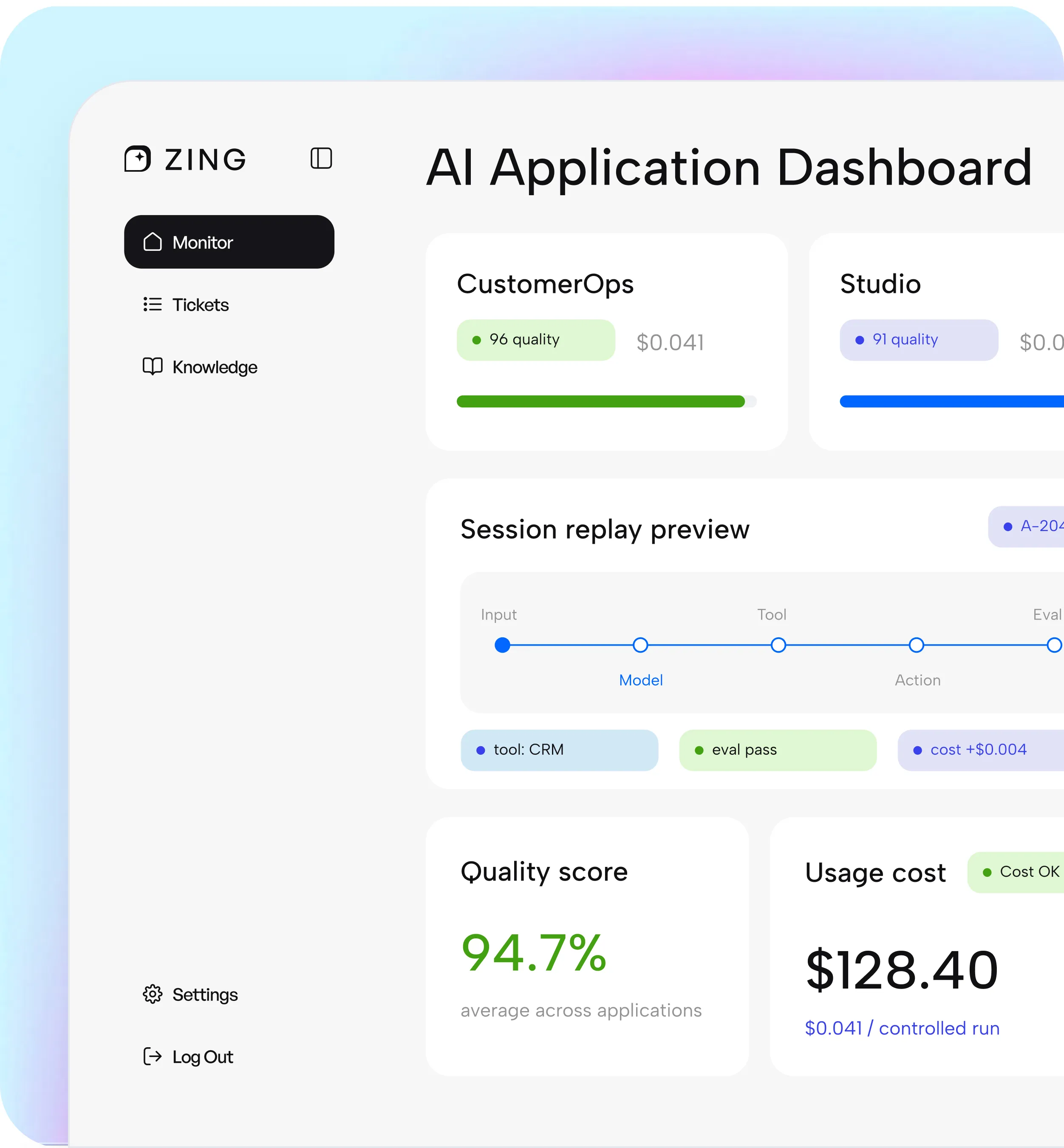 Zangoh Zing AI Application Dashboard showing session replay preview, quality scores, and usage cost analysis.