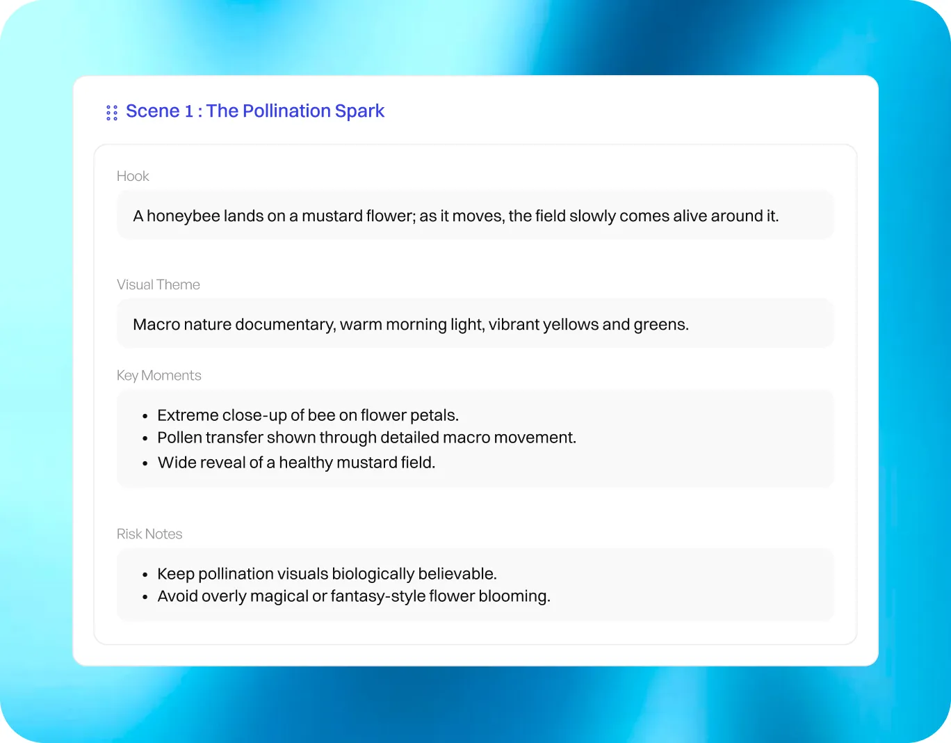 Script planning and scene breakdown panel mockup